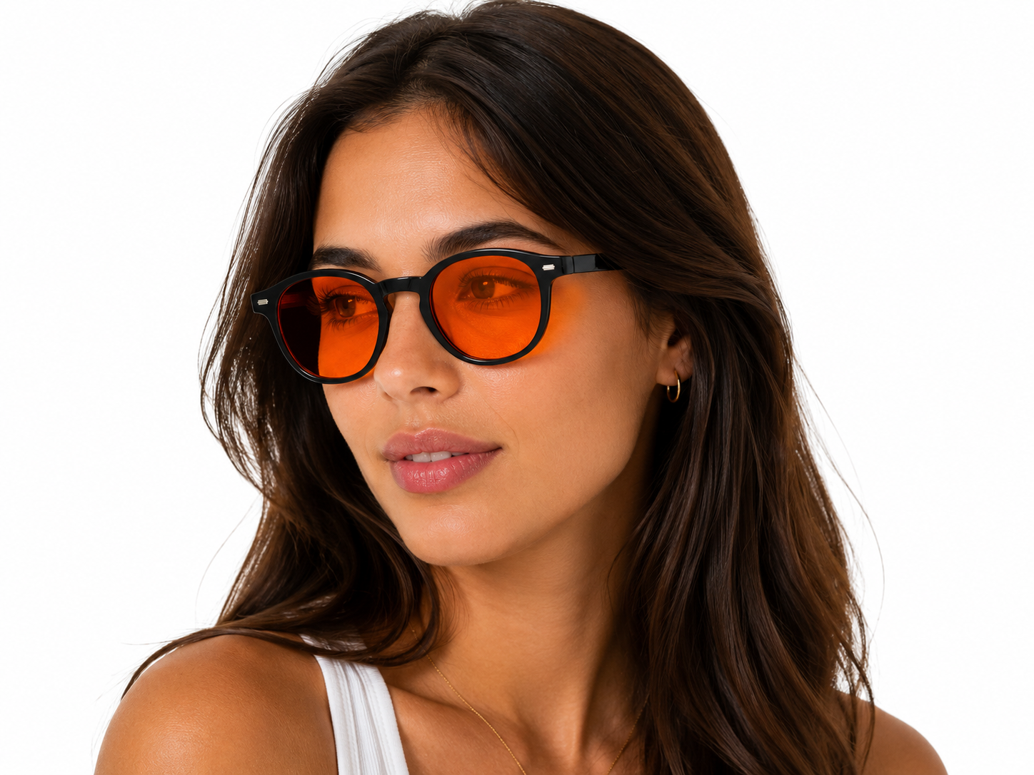 Model wearing Deep Drift ember blue light blocking sleep glasses with black round frames and orange lenses