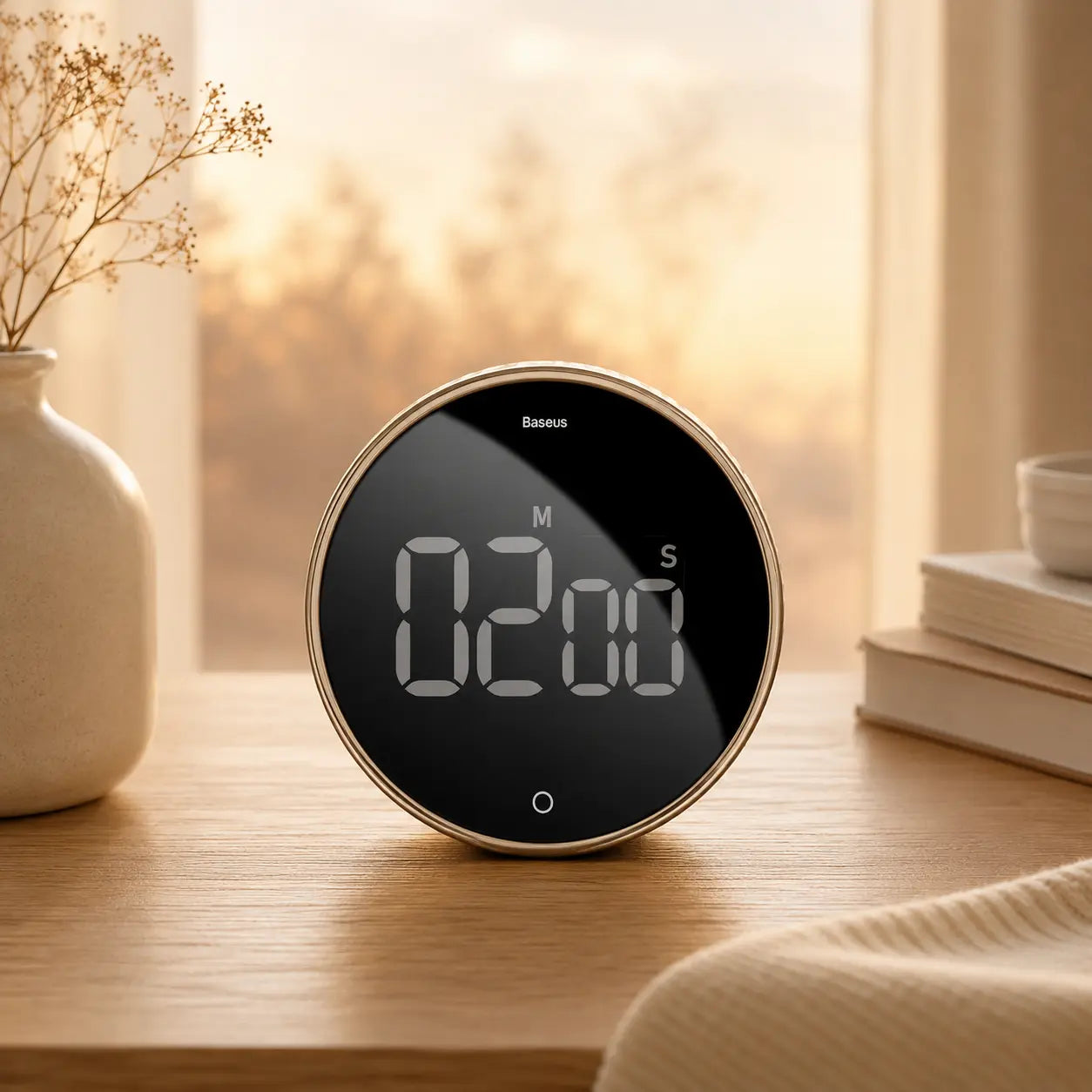 Deep Drift digital focus timer clock on a wooden desk in a calm minimalist morning workspace setting.