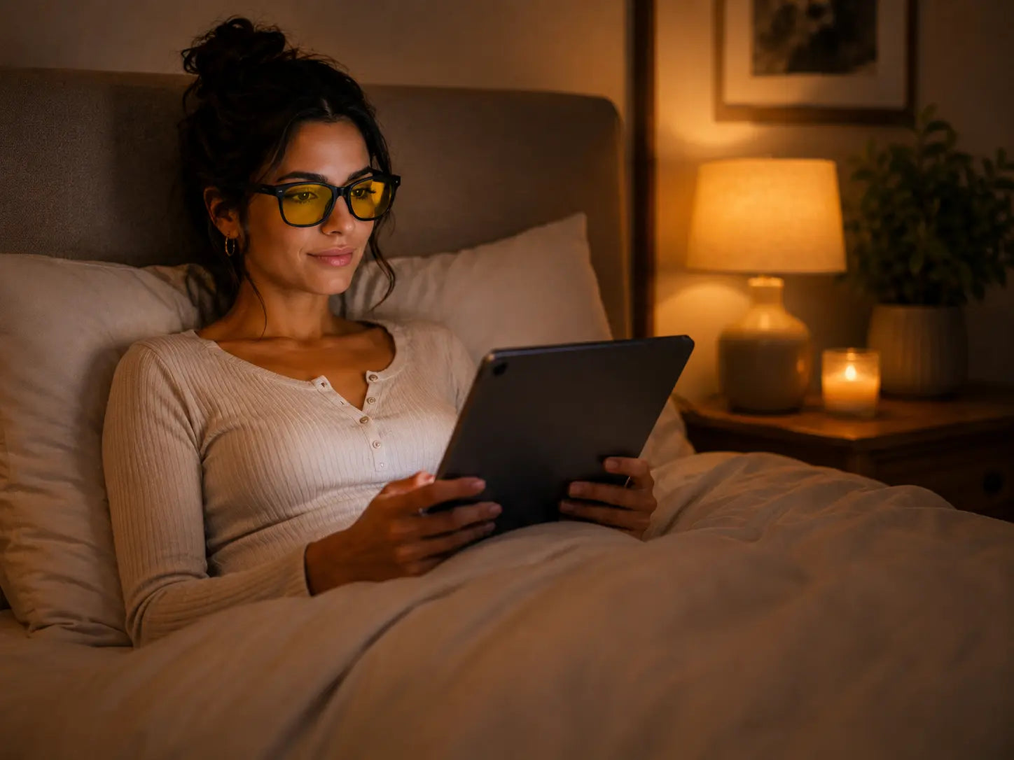 Woman wearing Deep Drift Golden Hour blue light blocking sleep glasses while using a tablet in bed at night with warm ambient lighting