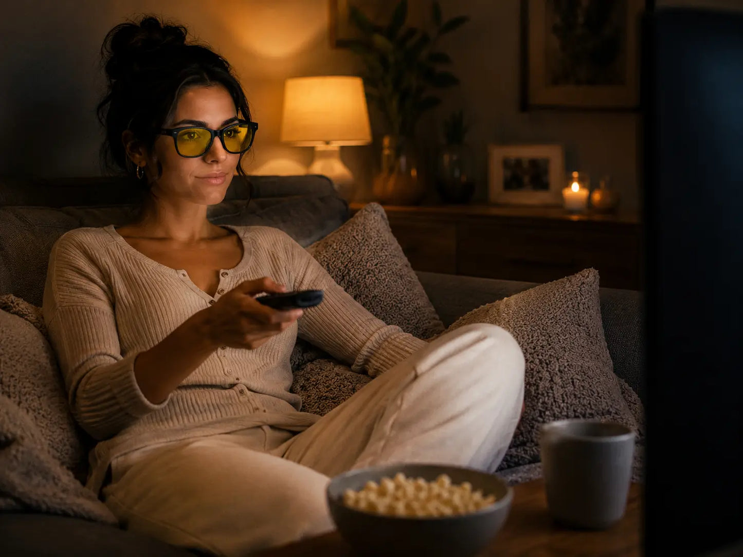 Woman wearing Deep Drift Golden Hour blue light blocking sleep glasses while watching TV in a cozy dimly lit living room at night