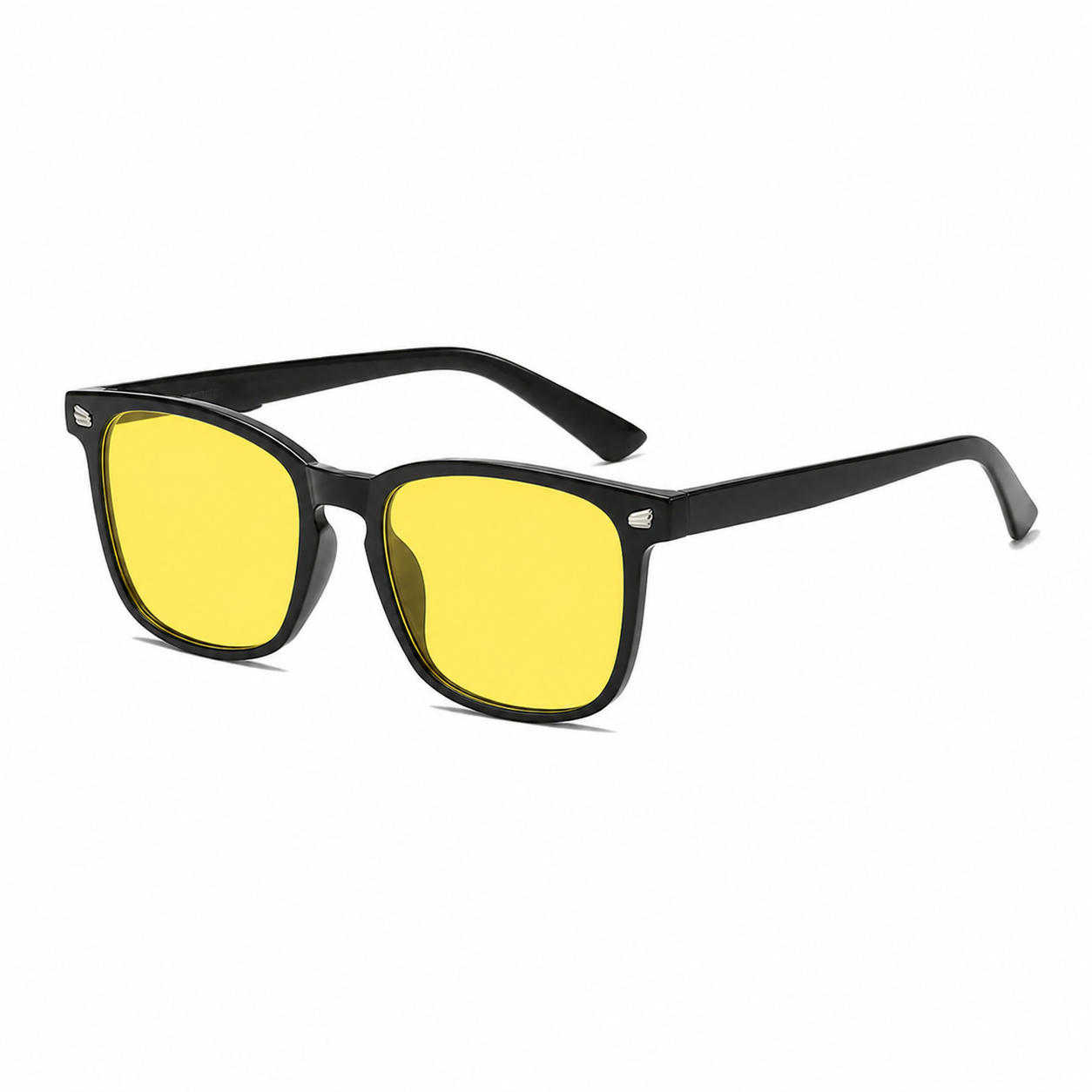 Deep Drift Honey Glow blue light sleep glasses with amber-yellow lenses and black frame shown in angled view for evening screen use