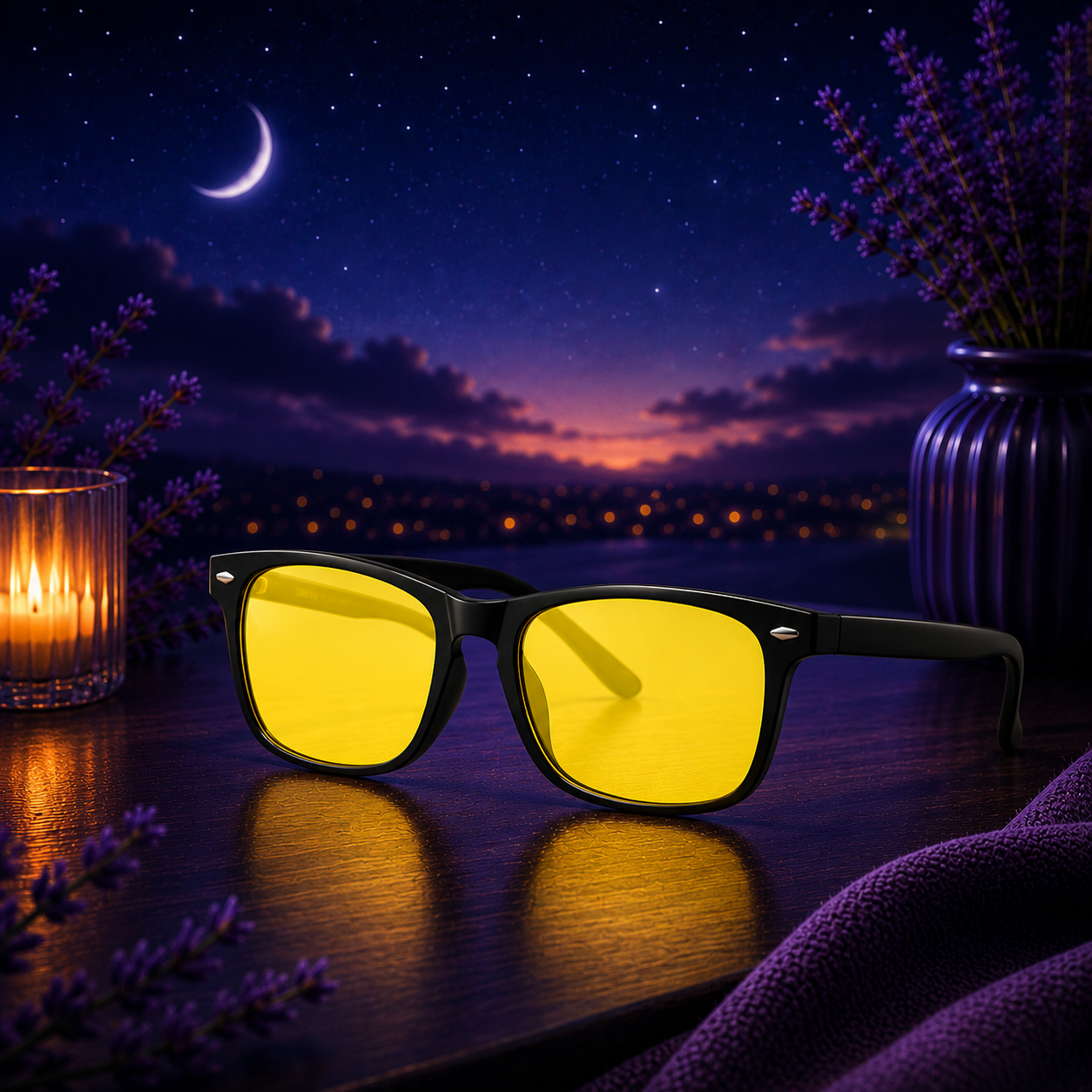 Deep Drift Honey Glow blue light sleep glasses with amber-yellow lenses displayed in a relaxing evening setting with candlelight and night sky