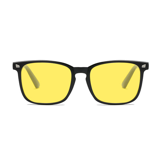 Deep Drift Honey Glow blue light sleep glasses with amber-yellow lenses and lightweight black frame for evening screen use