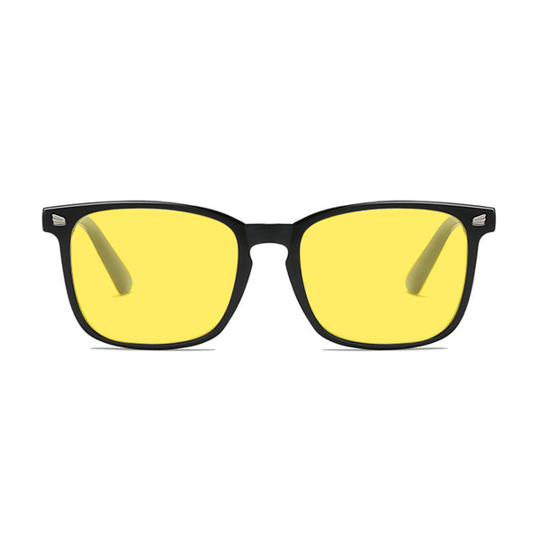 Deep Drift Honey Glow blue light sleep glasses with amber-yellow lenses and lightweight black frame for evening screen use