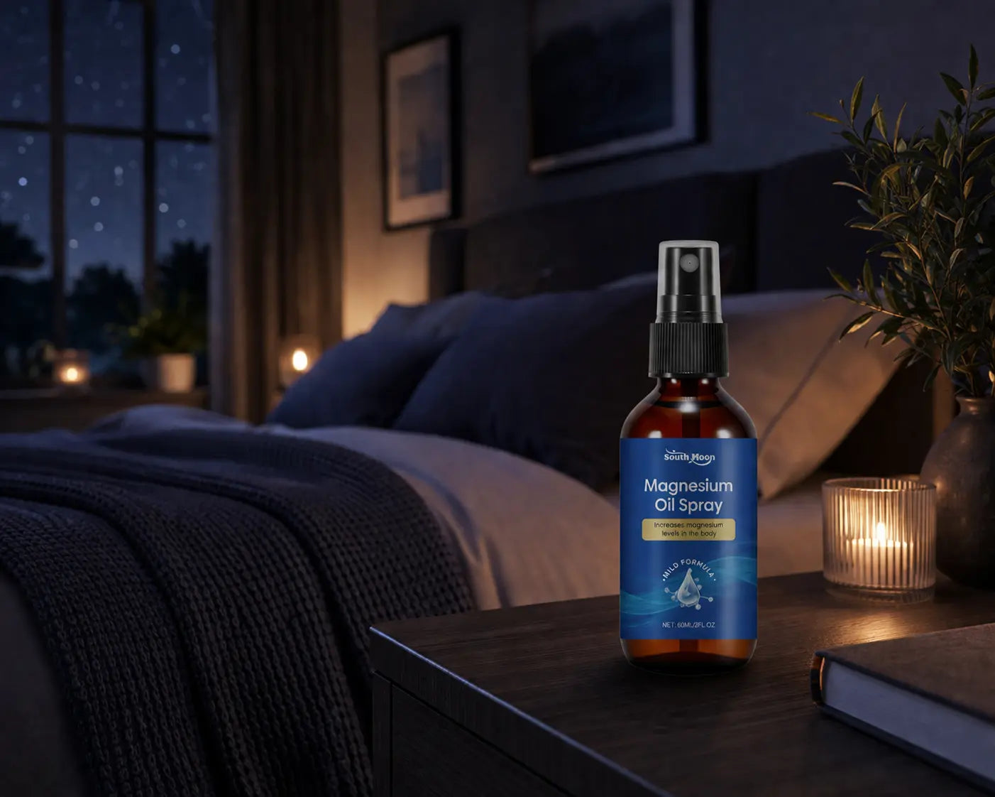Magnesium oil spray displayed on a bedside table beside a candle in a peaceful bedroom, ideal for evening relaxation and bedtime routines.