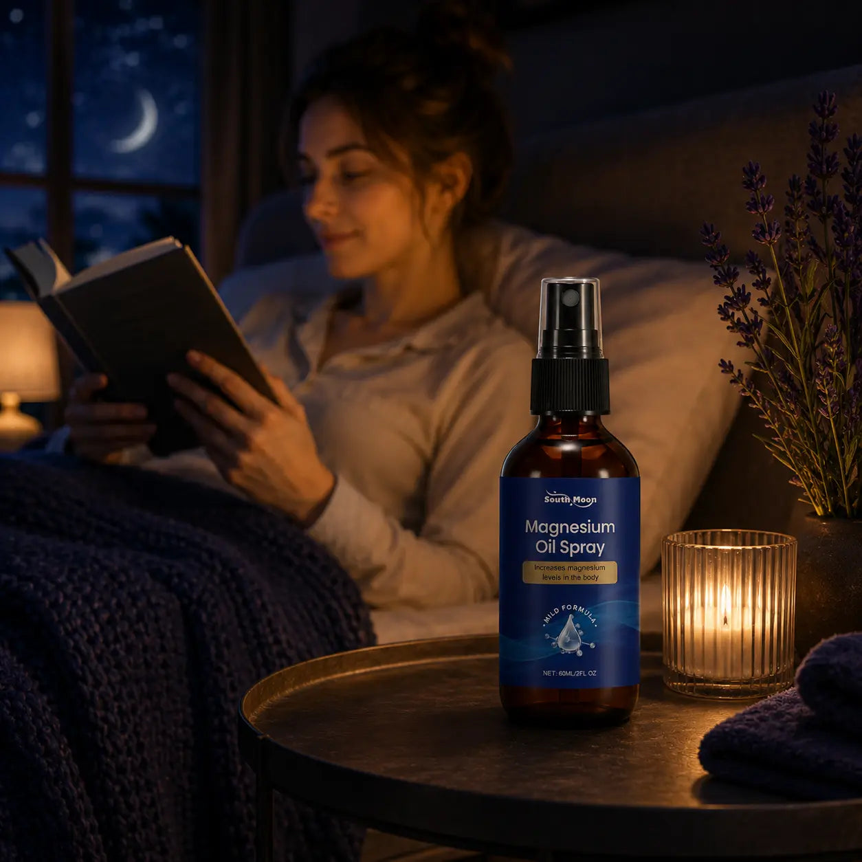 Woman reading a book in bed at night with Deep Drift magnesium oil spray, candlelight and lavender creating a relaxing bedtime routine.