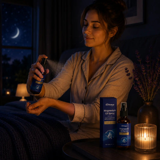 Deep Drift Magnesium Oil Spray being applied before bed in a calming night time self-care routine with candlelight and lavender.