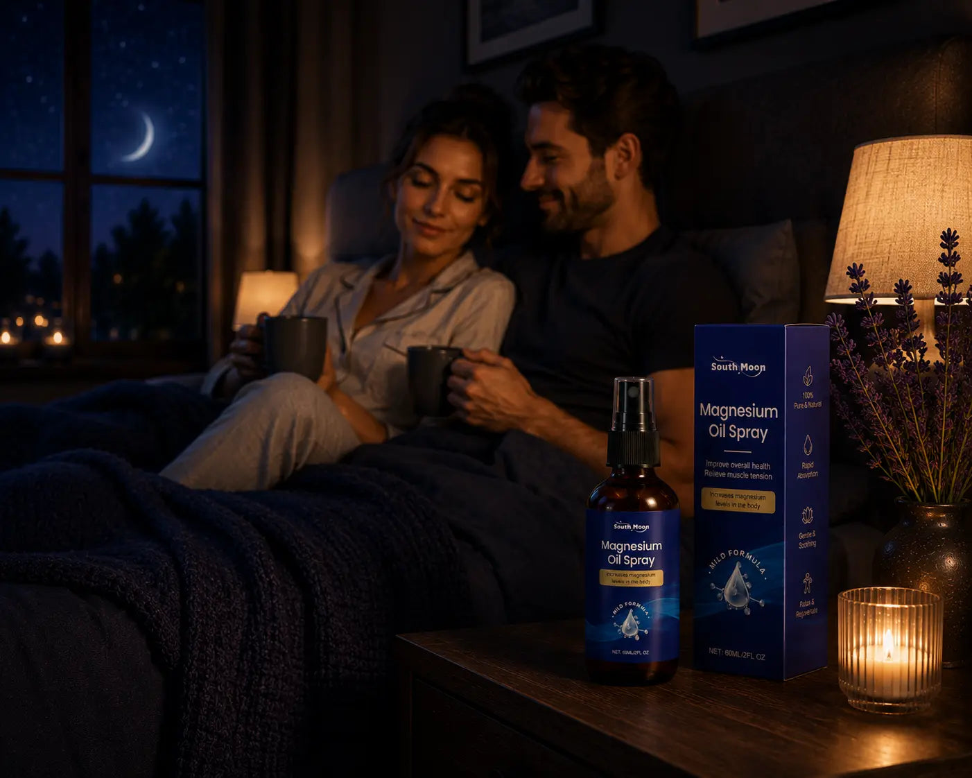 Deep Drift Magnesium Oil Spray beside a couple enjoying a calming evening routine with warm lighting, relaxation and bedtime wellness.
