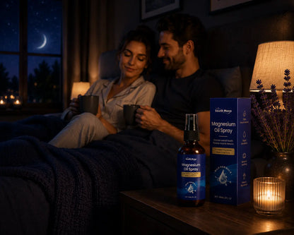 Deep Drift Magnesium Oil Spray beside a couple enjoying a calming evening routine with warm lighting, relaxation and bedtime wellness.