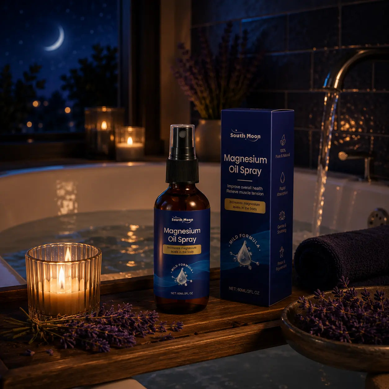 Magnesium oil spray displayed beside a warm bath with candlelight and lavender, supporting a calming evening wellness and bedtime routine.