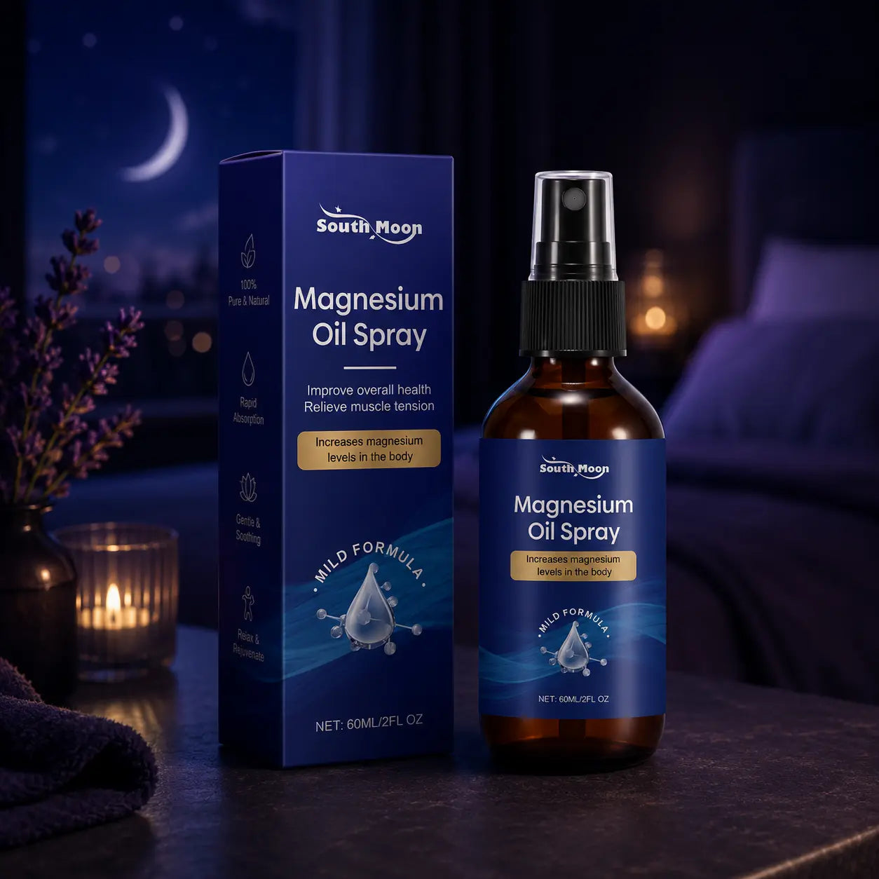 Magnesium oil spray beside a bed with candle and lavender decor