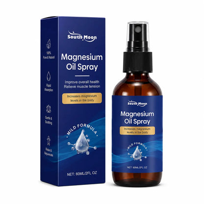 Magnesium oil spray bottle with matching blue product box displayed on a plain white background, featuring amber glass packaging and wellness branding for relaxation and muscle support.