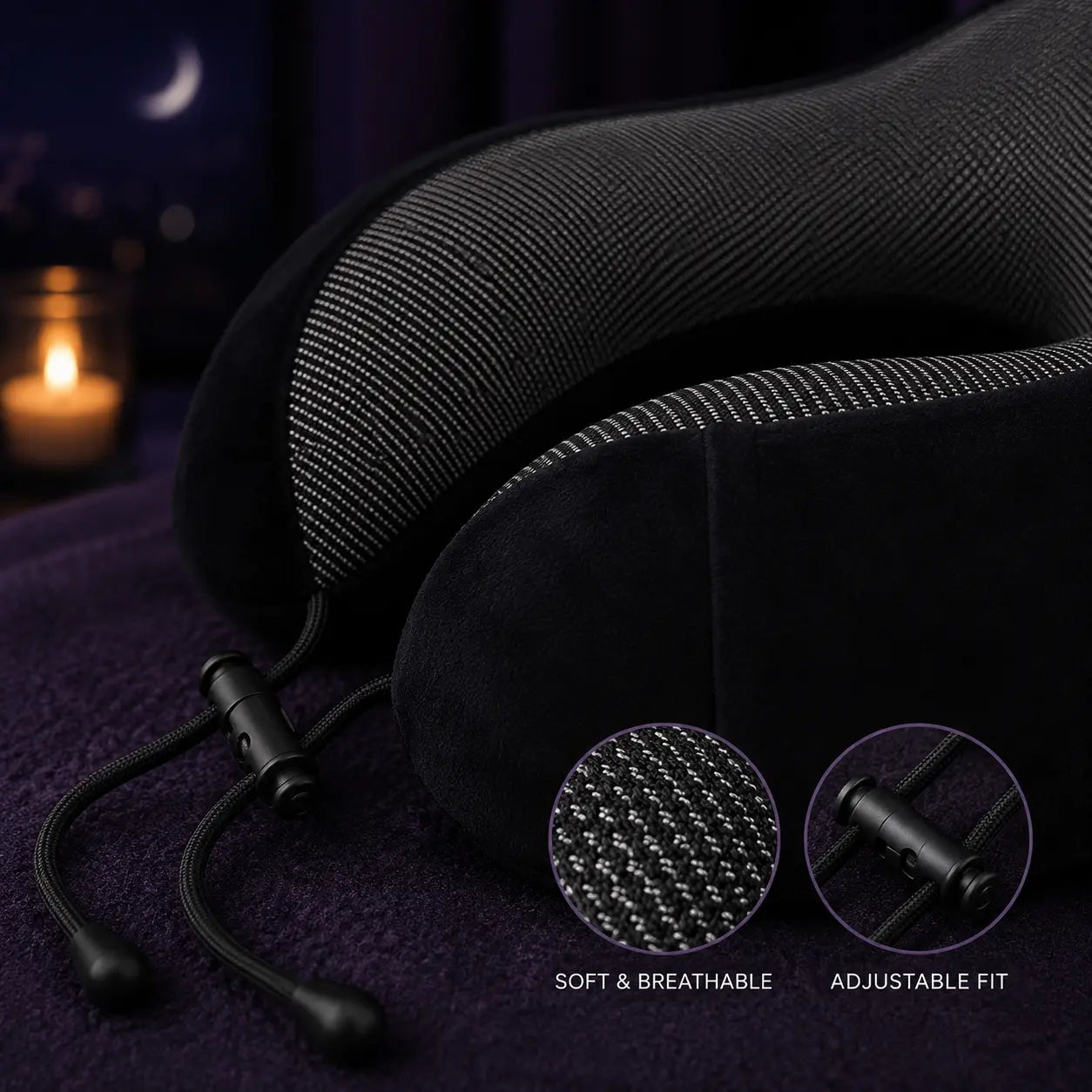 Close-up detail of Deep Drift memory foam neck pillow showing breathable textured fabric and adjustable fit toggle in a dark purple setting.