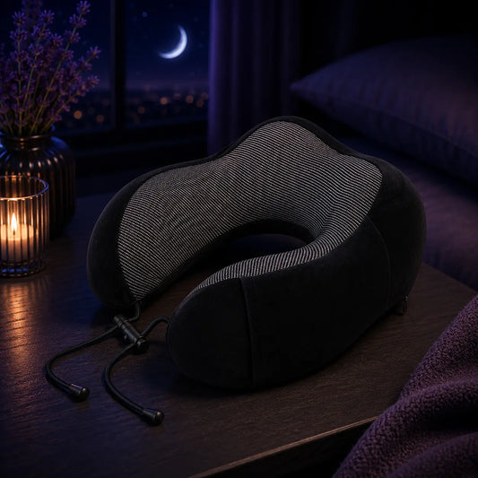 Black Deep Drift memory foam travel neck pillow with adjustable support cord on a bedside table in a calming purple nighttime setting