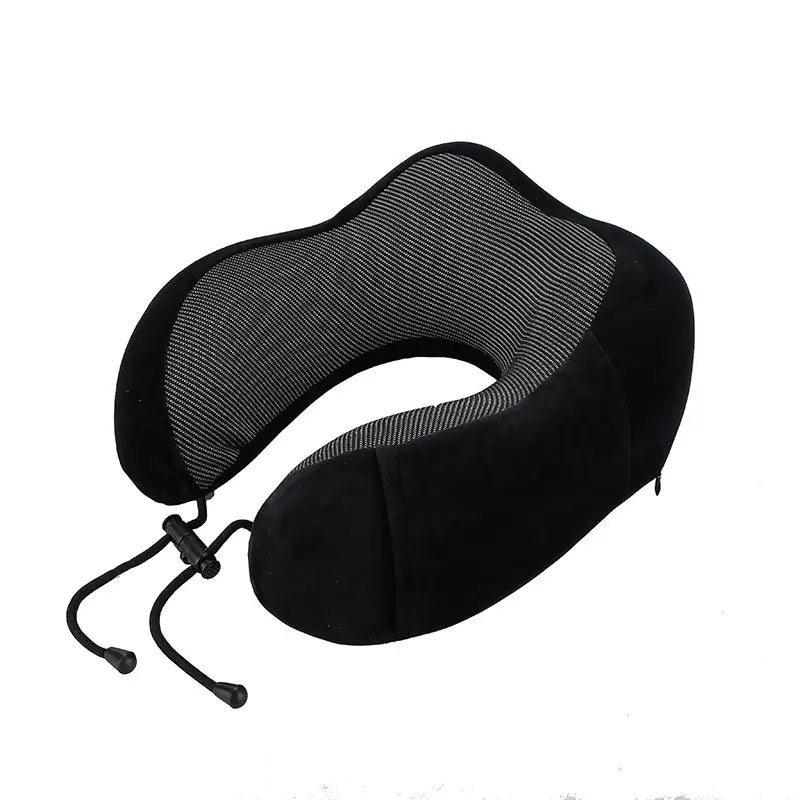 Black Deep Drift memory foam travel neck pillow with adjustable drawstring closure isolated on a white background