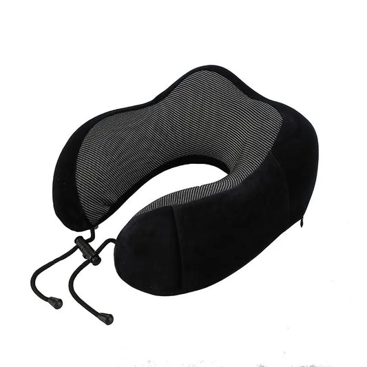 Black Deep Drift memory foam travel neck pillow with adjustable drawstring closure isolated on a white background