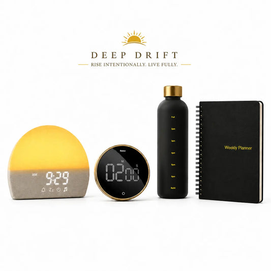 Deep Drift morning focus bundle featuring a sunrise alarm clock, digital timer, motivational water bottle and weekly planner on a clean white background with centred Deep Drift logo