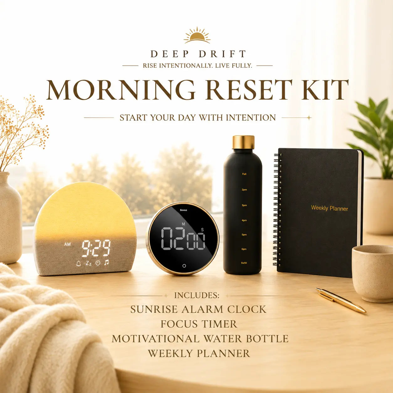 Deep Drift Morning Reset Kit featuring a sunrise alarm clock, digital focus timer, motivational water bottle and weekly planner in a warm minimalist setting.