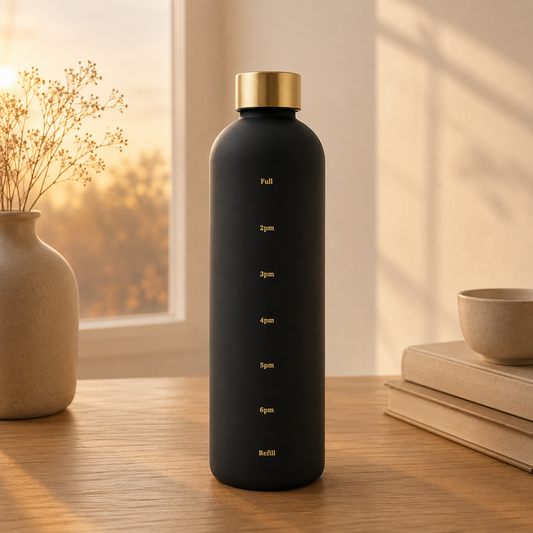 Deep Drift motivational water bottle with time markers on a wooden table in a warm morning setting