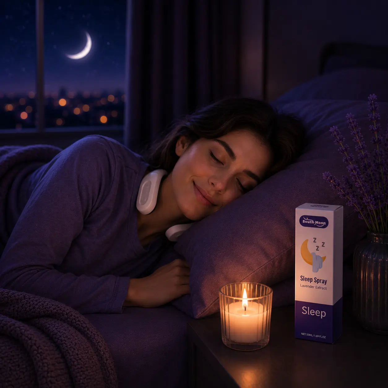 Woman relaxing in bed wearing the Deep Drift neck massager in a calming nighttime bedroom setting designed for stress relief and evening relaxation