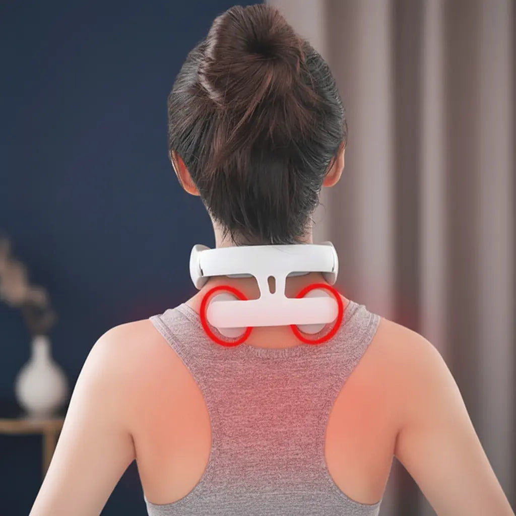 Woman using the Deep Drift electric neck massager with highlighted massage points targeting neck and shoulder tension relief at home