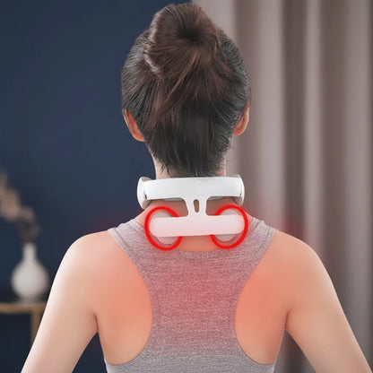 Woman using the Deep Drift electric neck massager with highlighted massage points targeting neck and shoulder tension relief at home