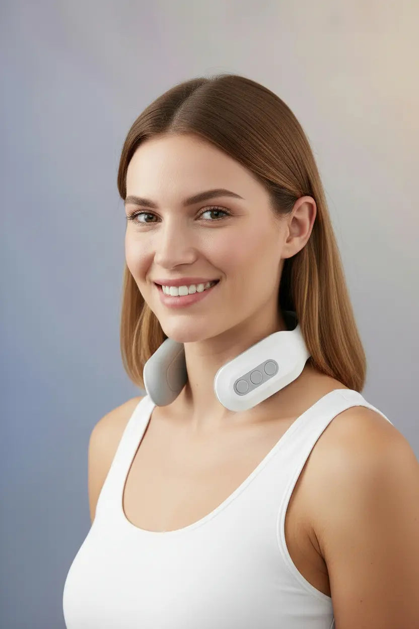 Woman wearing the Deep Drift electric neck massager for daily neck tension relief and relaxation against a soft neutral background