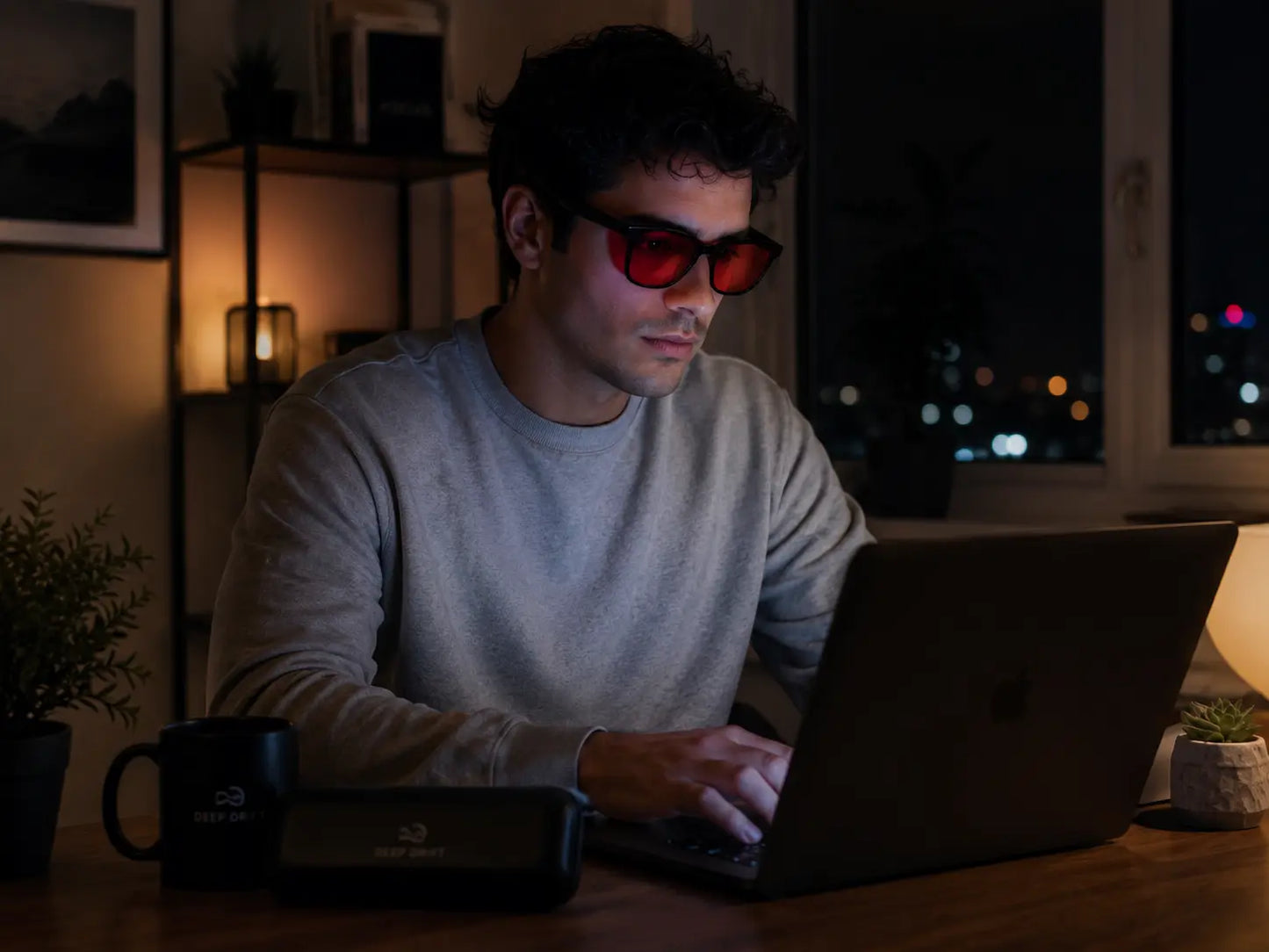 Person using a laptop at night while wearing Deep Drift NightWave blue light blocking sleep glasses.