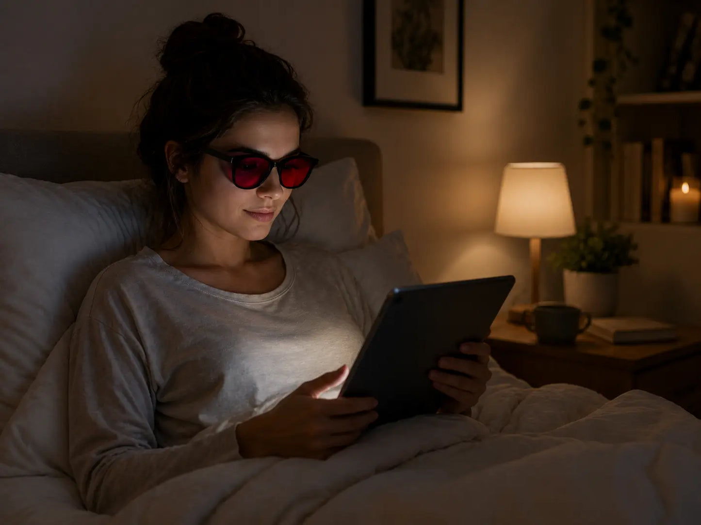Woman using a tablet in bed at night while wearing Deep Drift NightWave blue light blocking sleep glasses.