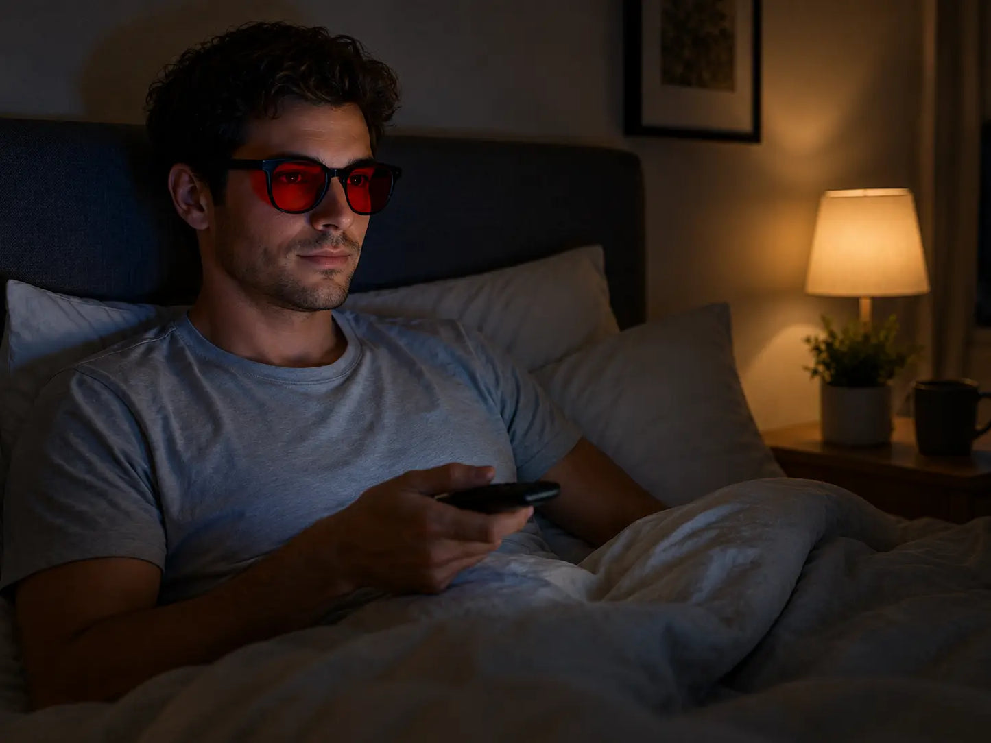 Person watching television in bed at night while wearing Deep Drift NightWave blue light blocking sleep glasses