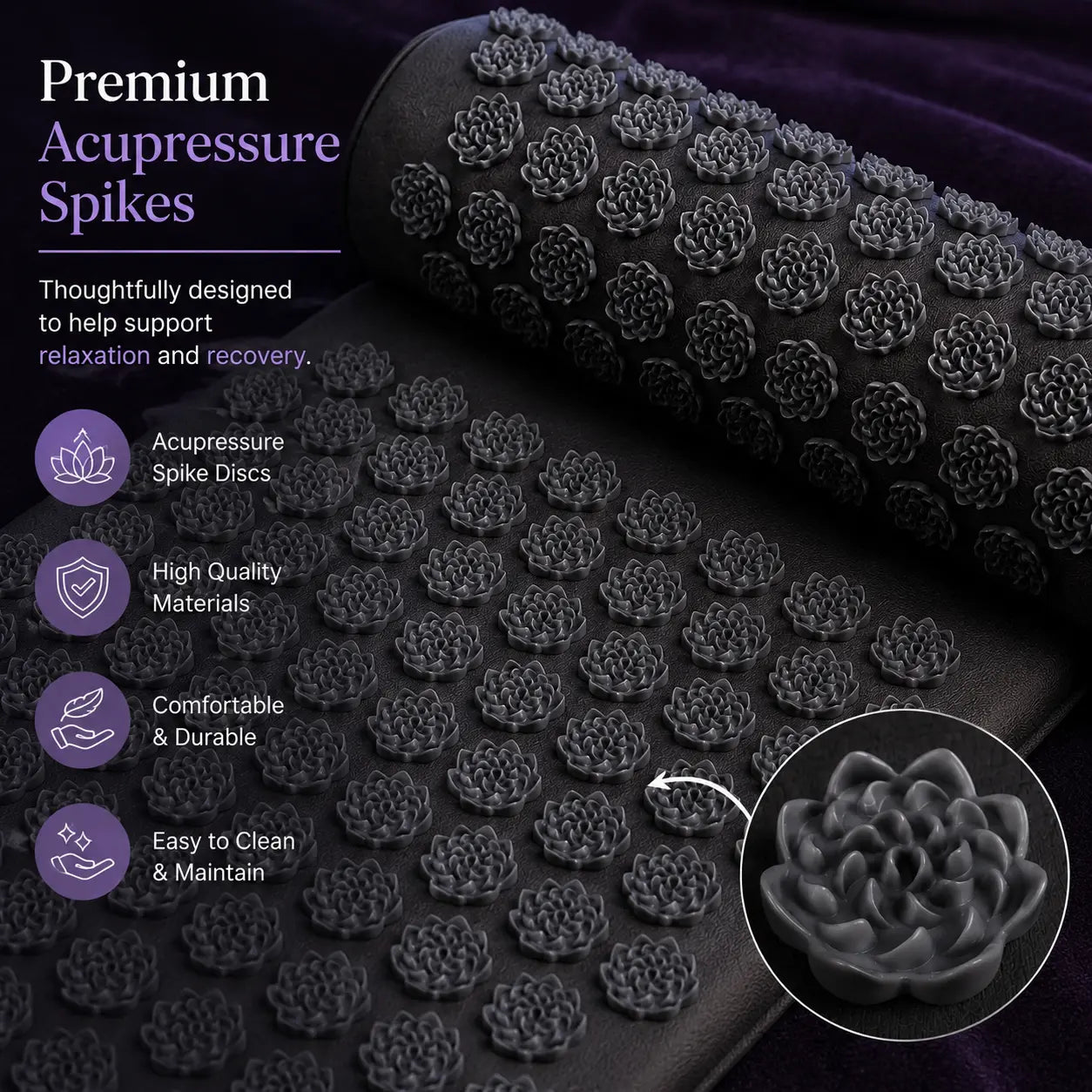Close-up detail of the Deep Drift acupressure recovery mat showing premium acupressure spike discs designed for comfort, relaxation, and daily wellness support