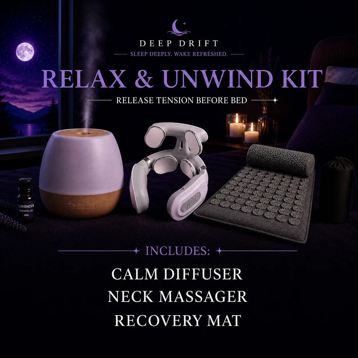Deep Drift Relax & Unwind Kit featuring a calm diffuser, neck massager, and recovery mat in a cosy nighttime bedroom setting with purple ambient lighting