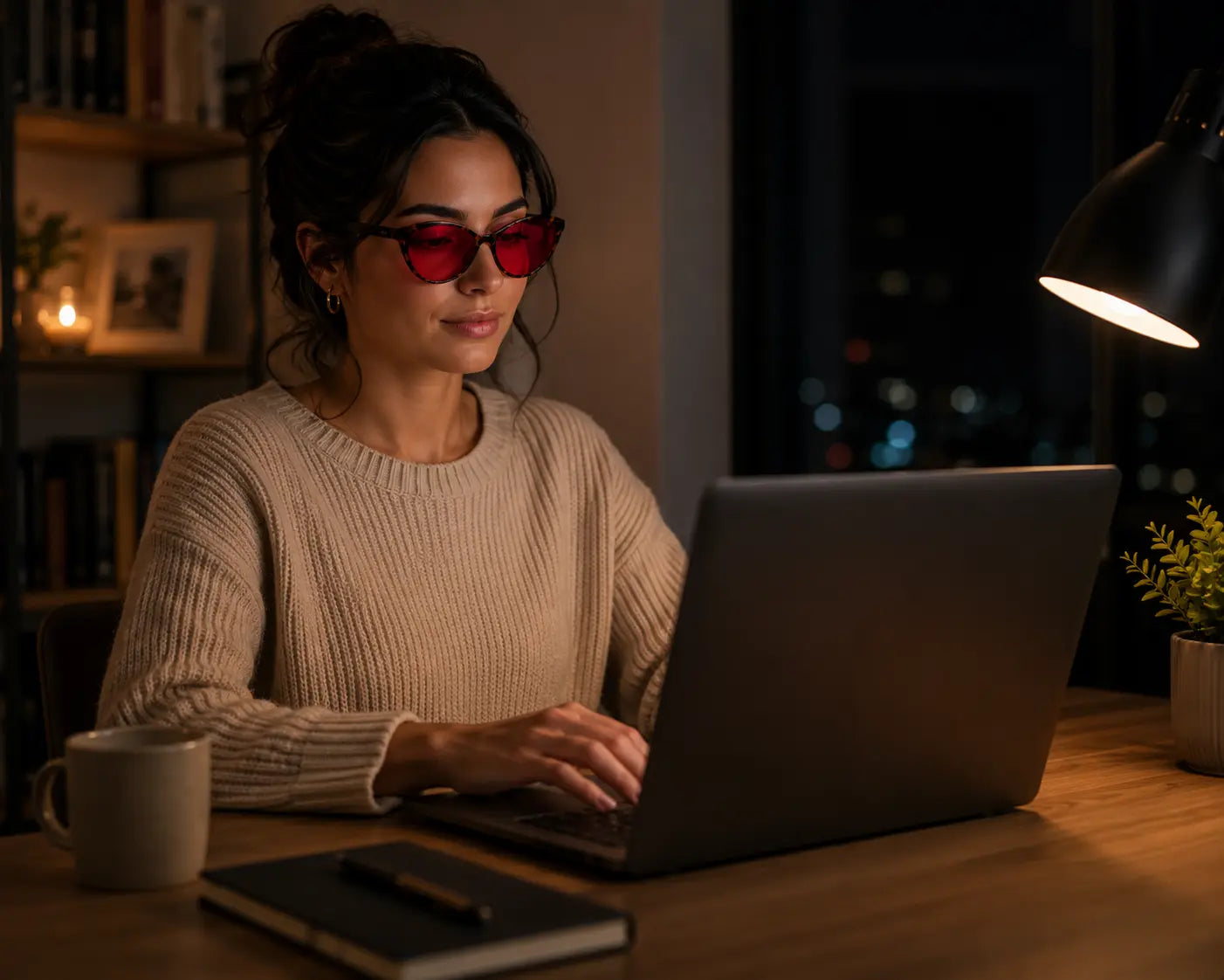Woman wearing Deep Drift Ruby Drift cat eye sleep glasses while using a laptop at night in a warm low light workspace with red blue light blocking lenses