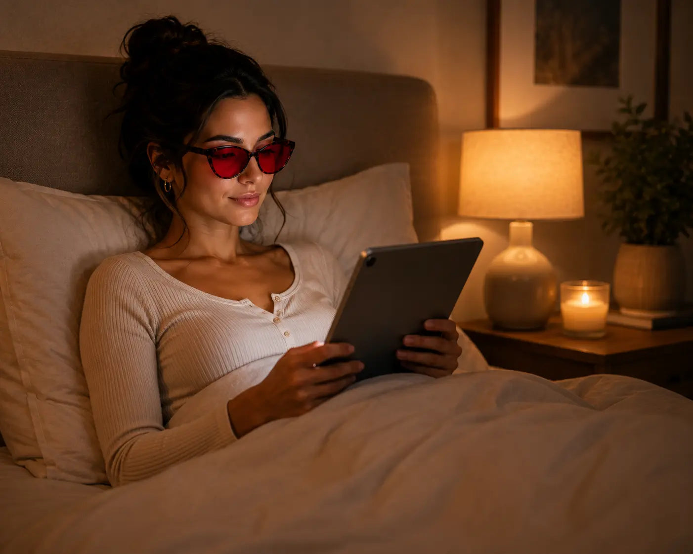 Woman wearing Deep Drift Ruby Drift cat eye sleep glasses while reading a tablet in bed with warm bedside lighting and red blue light blocking lenses