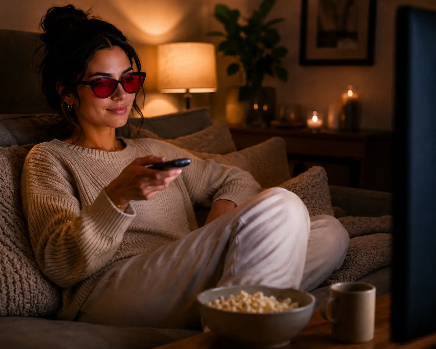Woman wearing Deep Drift Ruby Drift cat eye sleep glasses while watching television in the evening with warm ambient lighting and red blue light blocking lenses