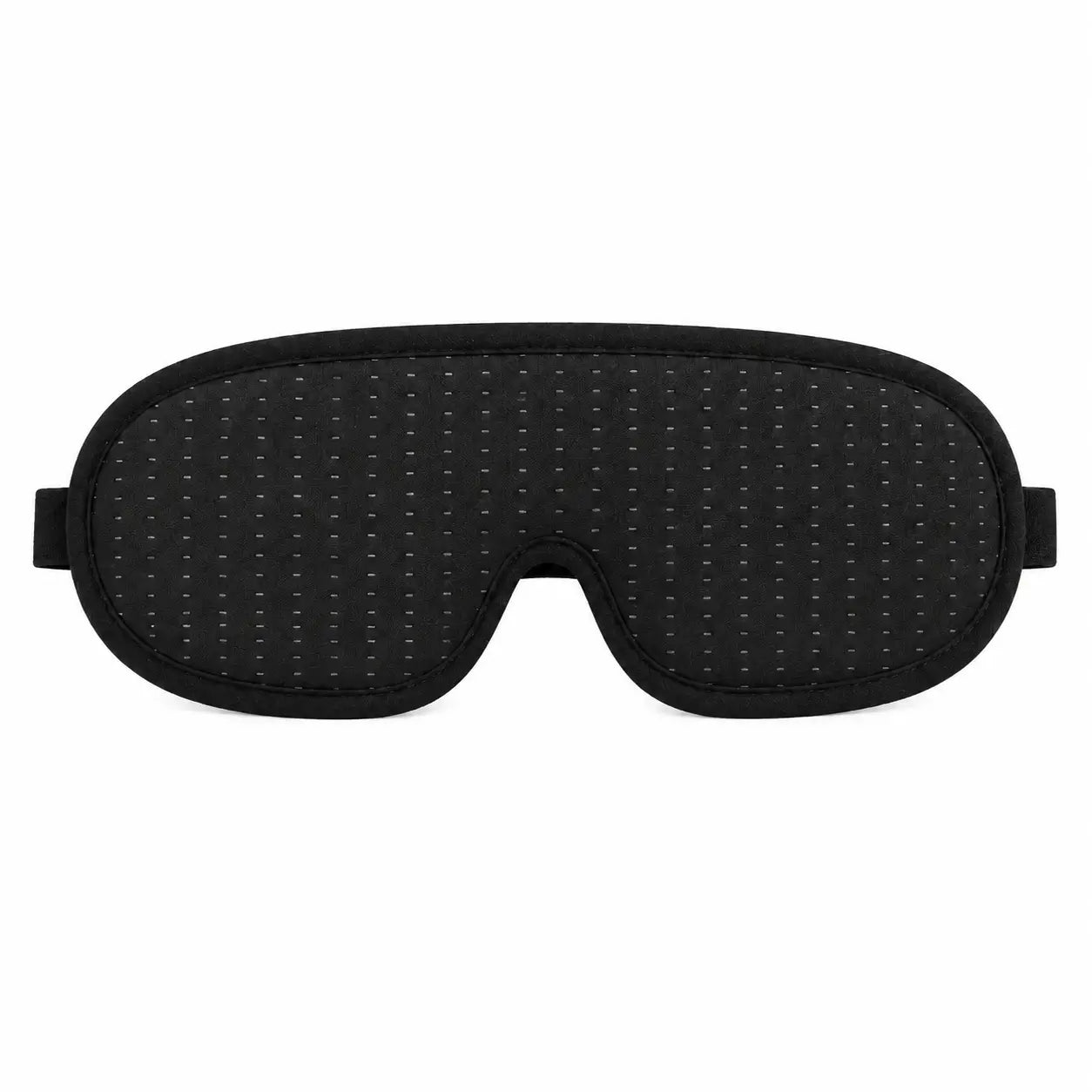 Black sleep eye mask with a contoured design, soft fabric, and subtle dotted pattern displayed on a plain white background for product listing.