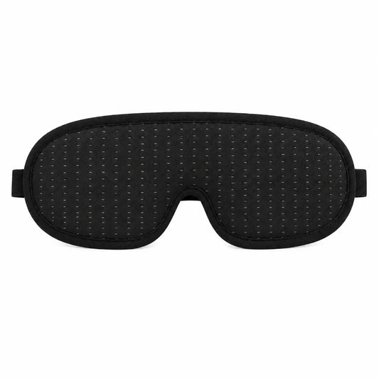 Black sleep eye mask with a contoured design, soft fabric, and subtle dotted pattern displayed on a plain white background for product listing.