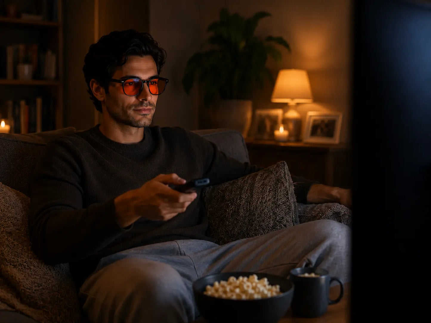 Man wearing Deep Drift blue light blocking sleep glasses while watching TV in a dimly lit living room at night, relaxing with popcorn during an evening wind-down routine.