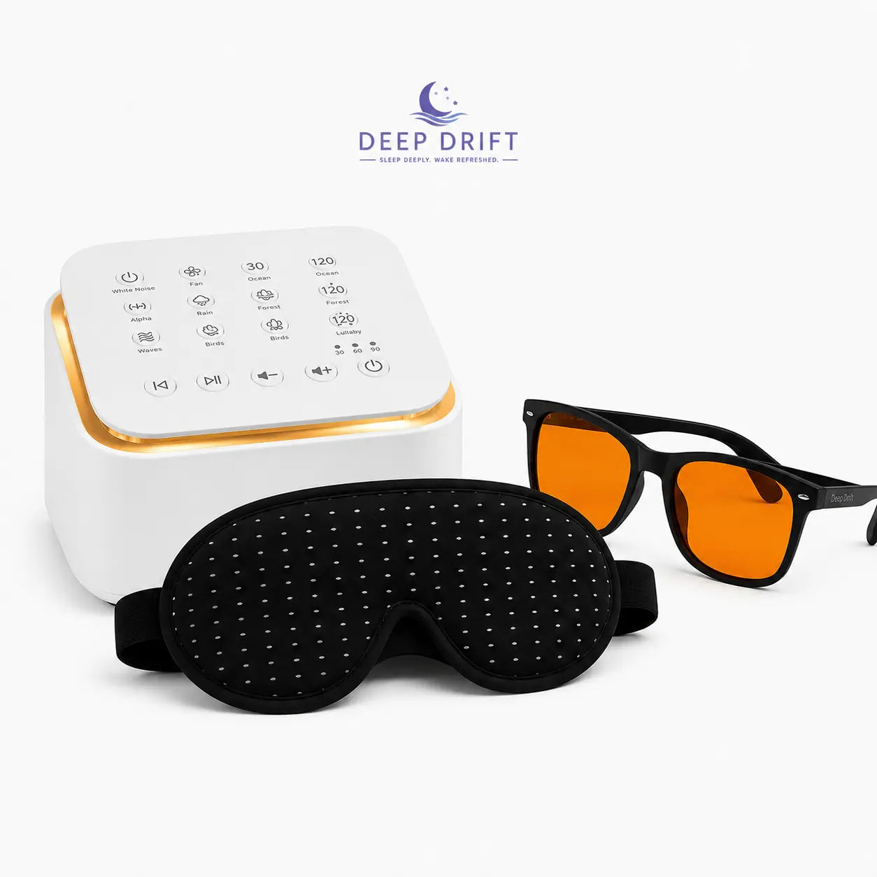 Deep Drift sleep kit featuring a white noise machine, black sleep mask and orange blue light blocking glasses on a clean white background with centred Deep Drift logo