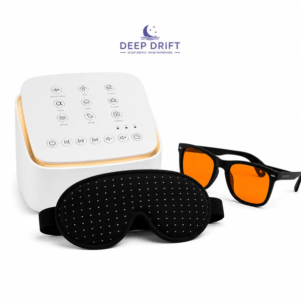 Deep Drift sleep kit with white noise sound machine, black sleep mask and blue light blocking glasses on a plain white background for better sleep and nighttime relaxation