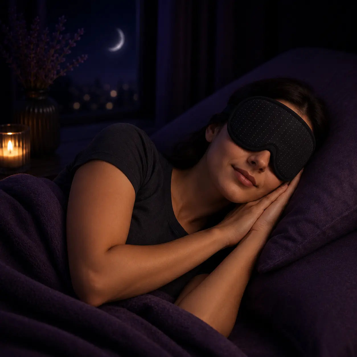 Woman sleeping peacefully wearing Deep Drift sleep mask in a dark purple bedroom with soft candlelight ambience