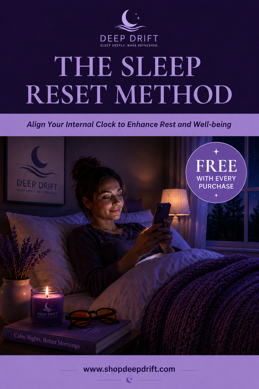 Deep Drift Sleep Reset Method eBook cover showing a relaxing night time bedroom scene with a person in bed using a phone, included free with every purchase