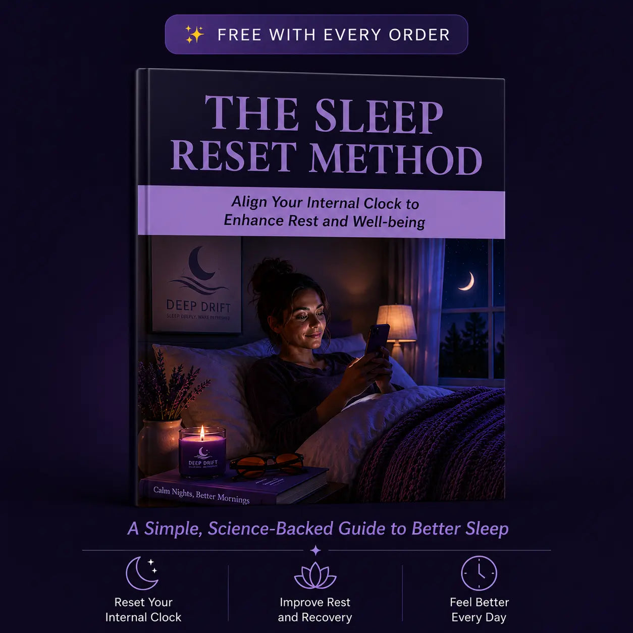Deep Drift Sleep Reset Method free eBook promotional graphic with nighttime bedroom scene and blue light blocking glasses in a calming purple theme.