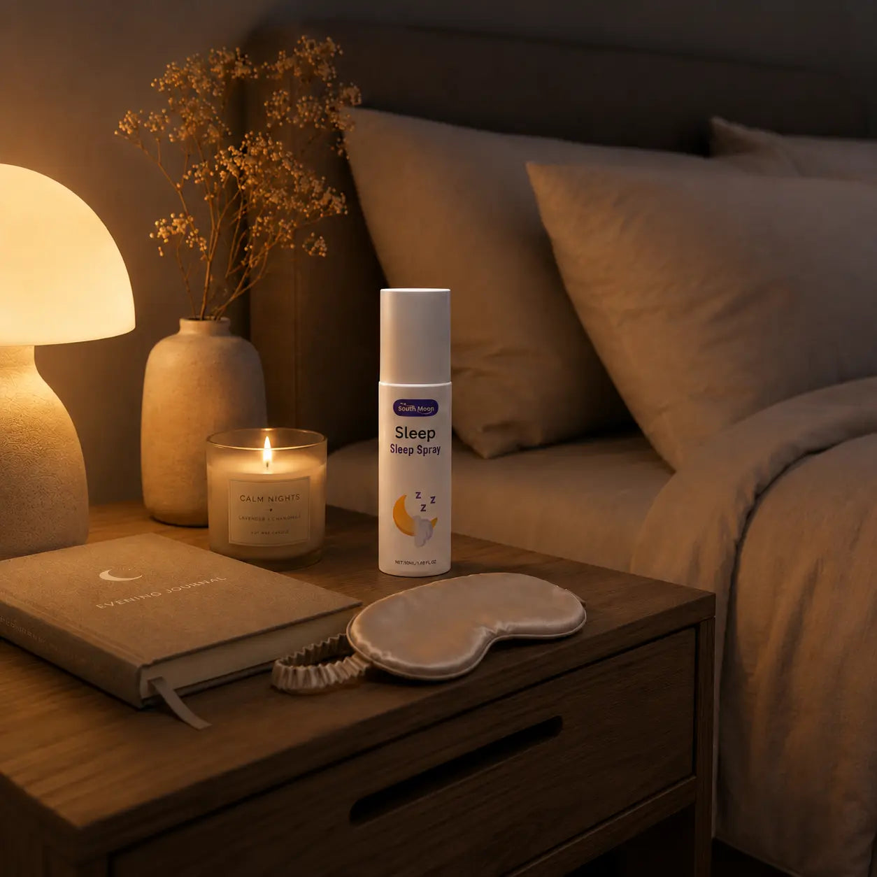 Deep Drift sleep spray on a bedside table with a candle, sleep mask, and journal in a calming bedroom night routine setting