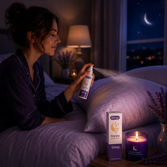 Woman spraying Deep Drift sleep spray onto a pillow in a cosy bedroom with candlelight and lavender for a calming nighttime routine
