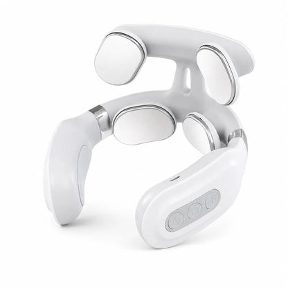 White smart neck massager with ergonomic U-shaped design and built-in massage pads displayed on a plain white background for relaxation and tension relief.