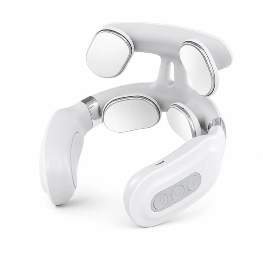 White smart neck massager with ergonomic U-shaped design and built-in massage pads displayed on a plain white background for relaxation and tension relief.