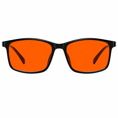 Deep Drift Solar Dusk amber blue light blocking glasses with black frame and orange lenses