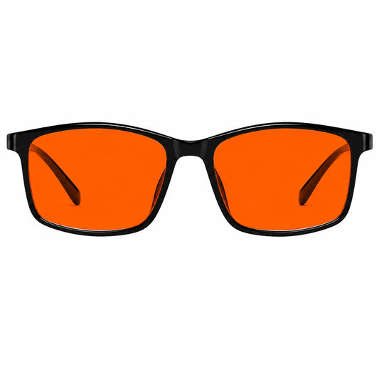 Deep Drift Solar Dusk amber blue light blocking glasses with black frame and orange lenses