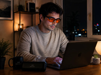Person working on a laptop at night while wearing Deep Drift Solar Dusk amber blue light blocking glasses